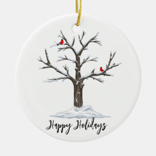 Snow Tree And Red Birds Christmas Happy Ceramic Ornament