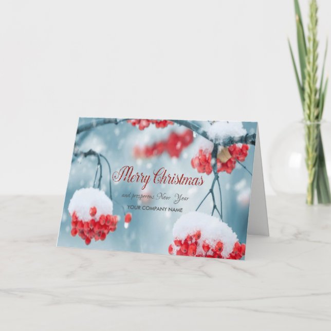 Snow,Tree Branches,Holly Berries Company Greeting Holiday Card (Front)