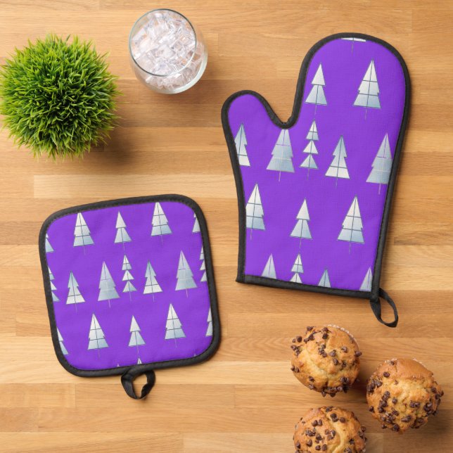 Snow Trees Elegant Winter Oven Mitt & Pot Holder Set (Top Down)