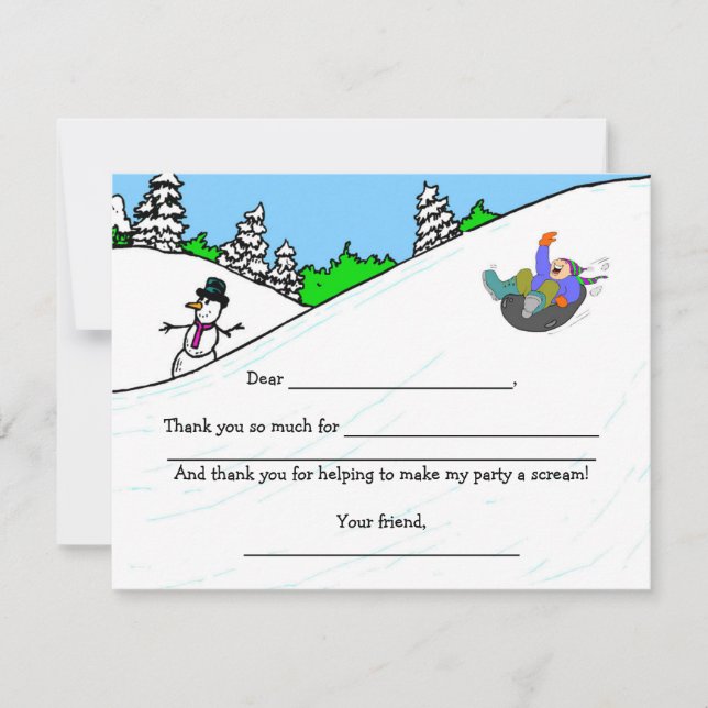 Snow Tubing Birthday Party thank you fill in note (Front)