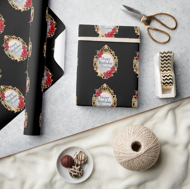 Snow White Gold Magic Mirror and Apple on Black Wrapping Paper (Crafts)