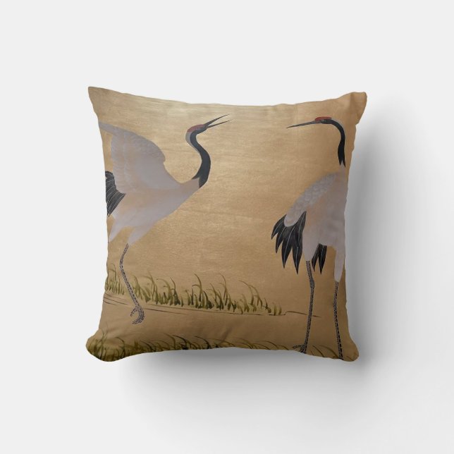 Snow White Herons on Shimmering Gold Chinoiserie Cushion (Front)