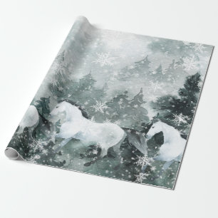 Snow White Horses Winter Woodland Mountain Forest  Wrapping Paper