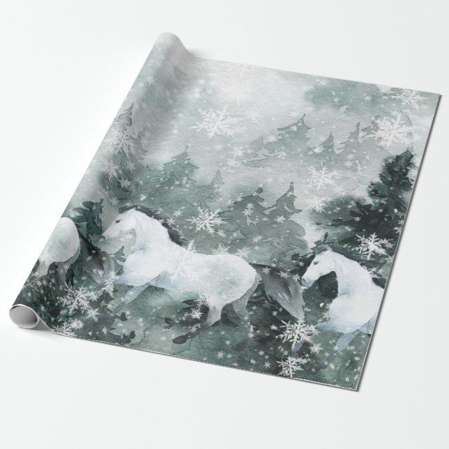 Snow White Horses Winter Woodland Mountain Forest  Wrapping Paper (Unrolled)