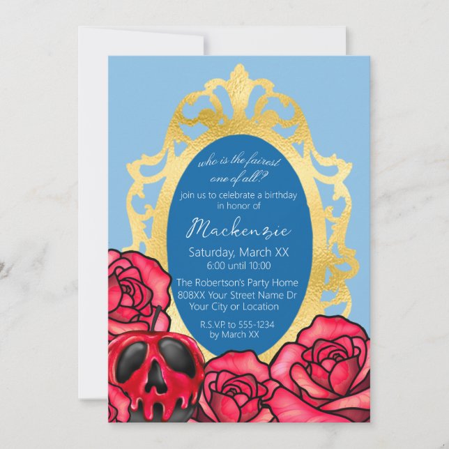 Snow White Mirror Light Blue & Red Poison Apple Invitation (Front)