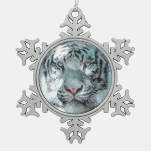 Snow White Tiger Snowflake Pewter Christmas Ornament