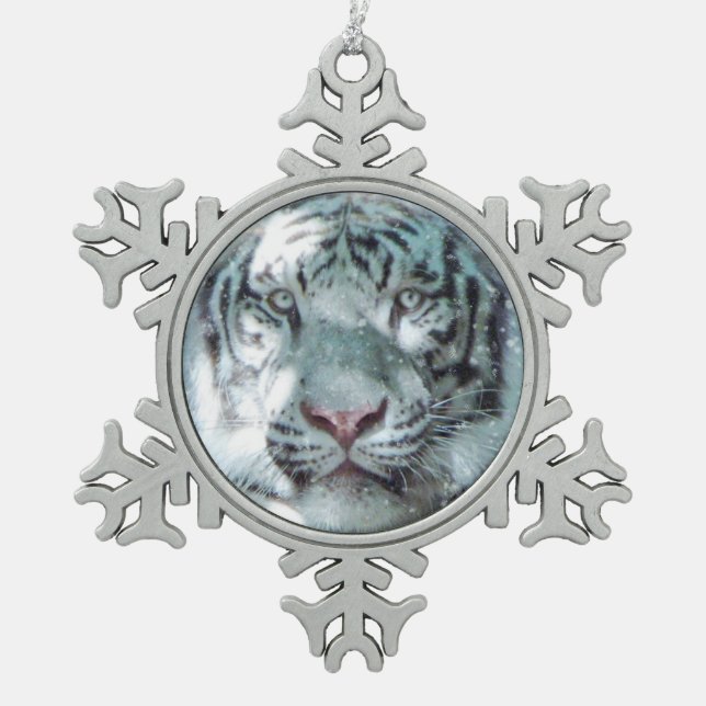 Snow White Tiger Snowflake Pewter Christmas Ornament (Front)