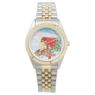 Snow Winter Christmas Birds And Red Post Box Mens Watch