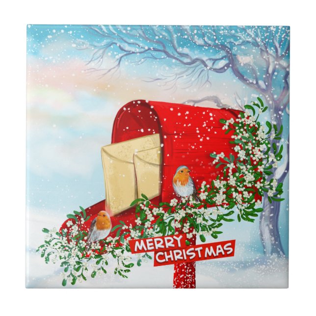 Snow Winter Christmas Birds Gift Box Ceramic Tile (Front)