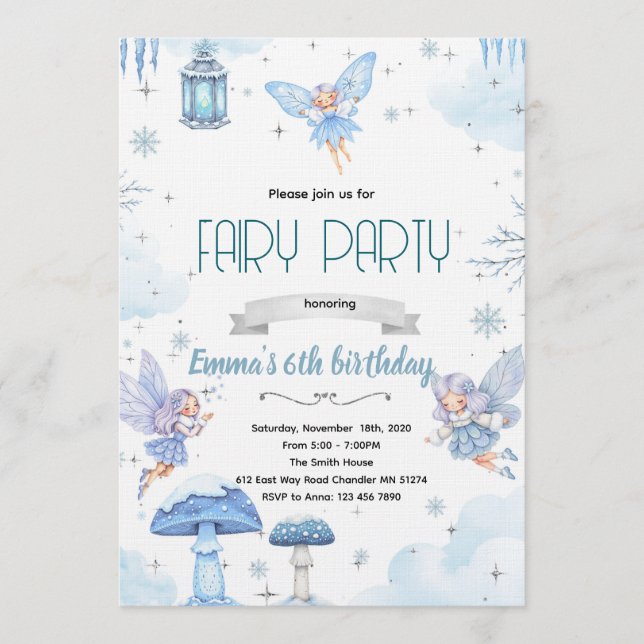 Snow winter fairy party invitation (Front)