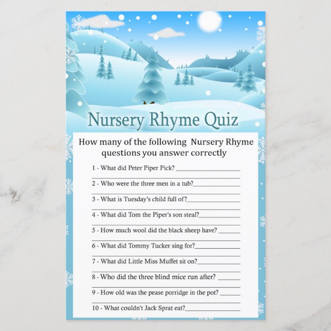 Snow Winter Forest Nursery Rhyme Quiz baby shower (Front)