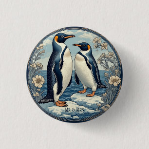 Snow Winter Glacier Blue Mr & Mrs Penguin Couple 3 Cm Round Badge