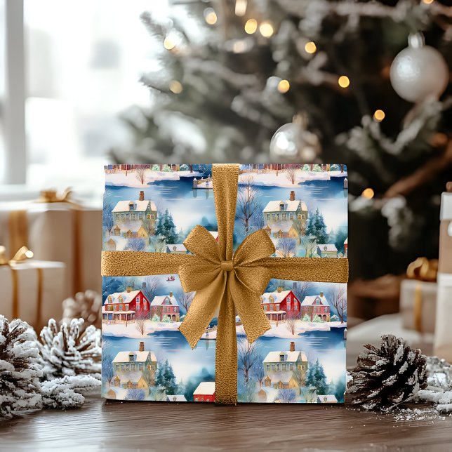 Snow Winter New England Village Christmas Holiday Wrapping Paper (Snowy Winter Wonderland New England Village Landscape Christmas Holiday Ice Skating Wrapping Paper)