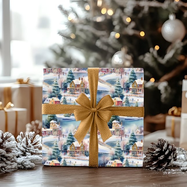 Snow Winter New England Village Christmas Holiday Wrapping Paper (Snowy Winter Wonderland New England Village Frozen Pond Landscape Christmas Holiday Wrapping Paper)