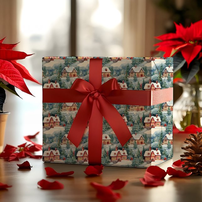 Snow Winter Swiss Village Christmas Holiday Wrapping Paper (Snowy Winter Wonderland Swiss Village Landscape Christmas Holiday Multi-Colored Wrapping Paper)