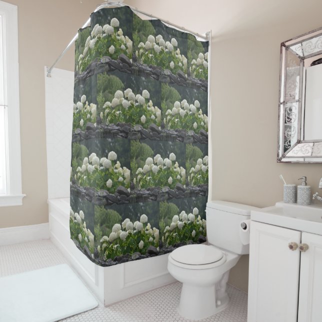 Snowball Bush On Rock Wall Shower Curtain (In Situ)