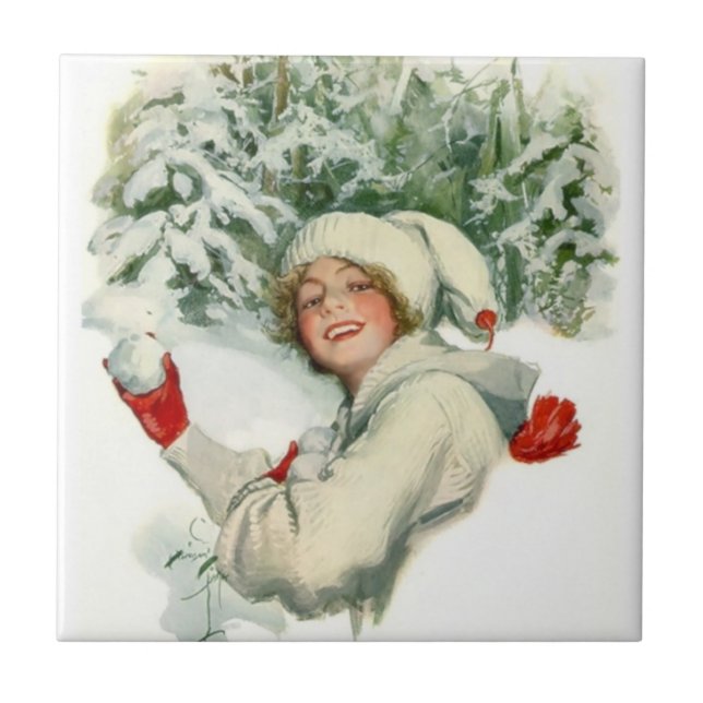 Snowball Fight (by Harrison Fisher) Ceramic Tile (Front)