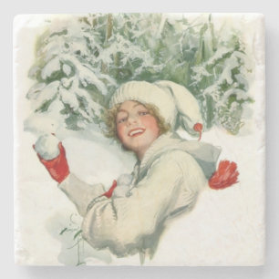 Snowball Fight (by Harrison Fisher) Stone Coaster