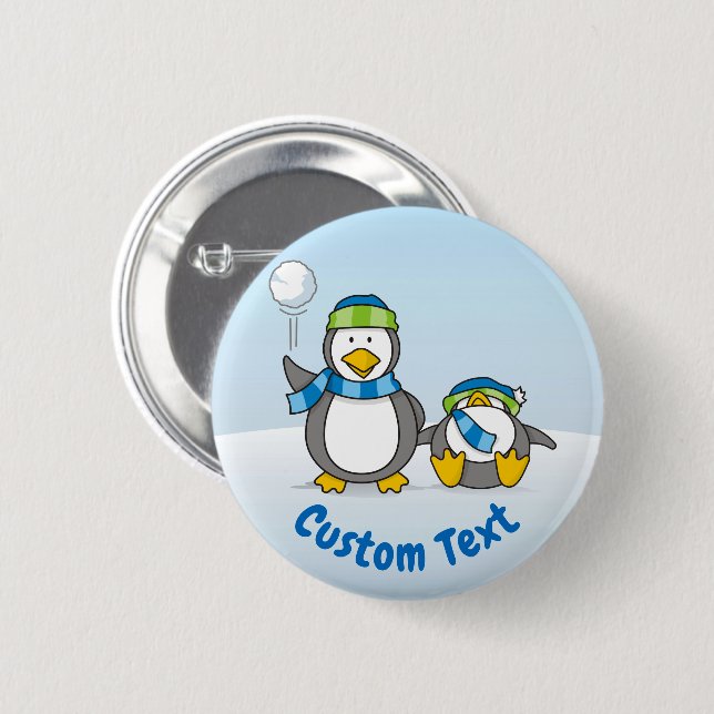 Snowballing penguins 6 cm round badge (Front & Back)