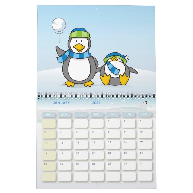 Snowballing penguins calendar (Jan 2026)