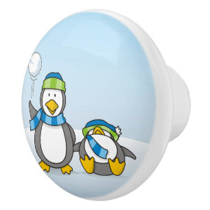 Snowballing penguins ceramic knob