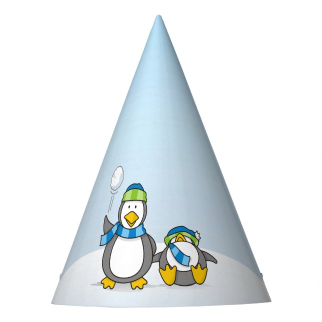 Snowballing penguins party hat (Front)