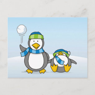 Snowballing penguins postcard