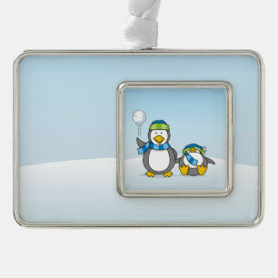 Snowballing penguins silver plated framed ornament