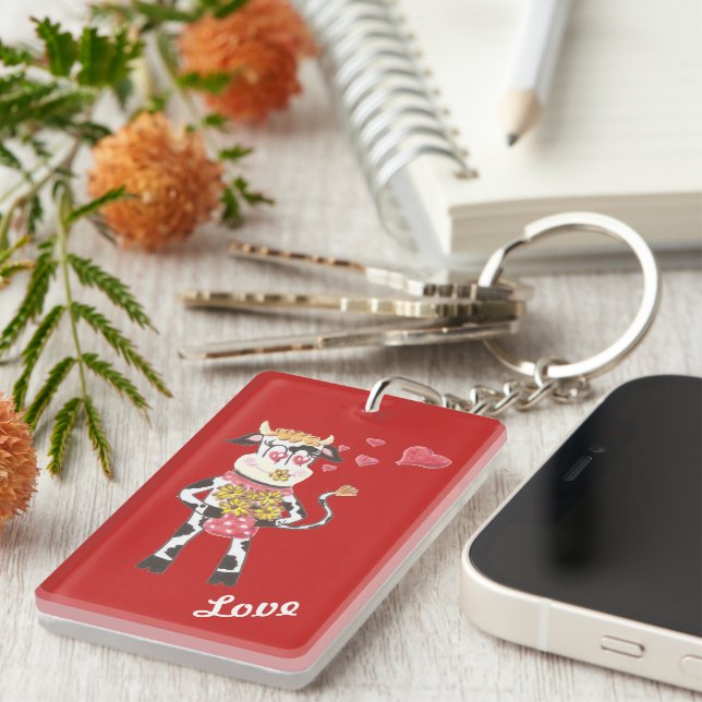 Snowbell the cow in love red keychain (Front Right)