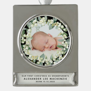 Snowberries - Baby's First Christmas Photo Silver Plated Banner Ornament