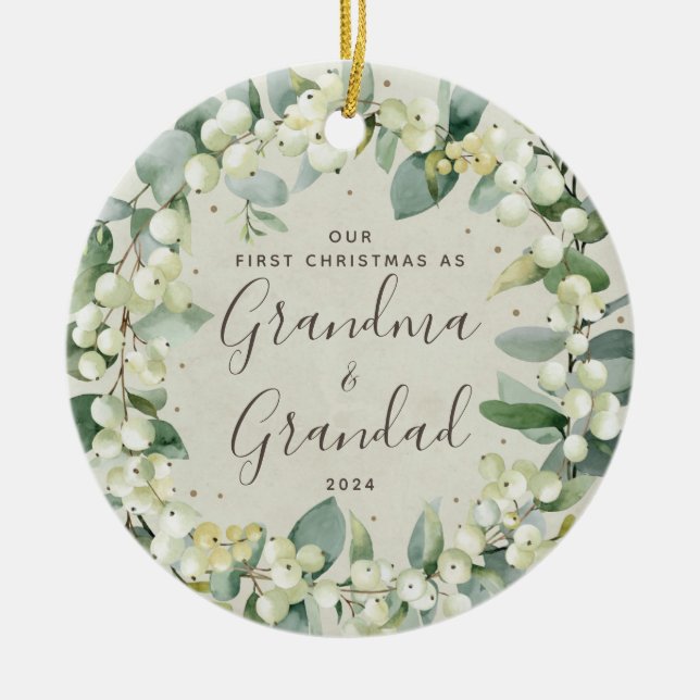 Snowberries First Christmas as Grandparents Photo Ceramic Ornament (Front)