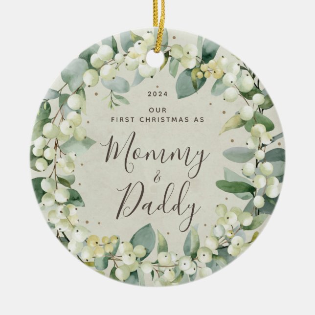 Snowberries First Christmas as Parents Photo Ceramic Ornament (Front)