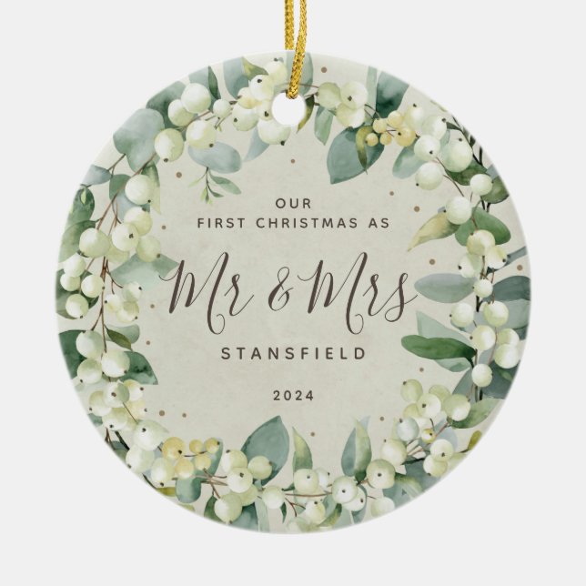 Snowberries - Our First Christmas Mr & Mrs Photo Ceramic Ornament (Front)
