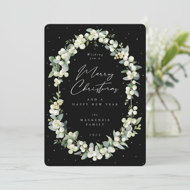 Snowberry+Eucalyptus Botanical Frame Christmas Holiday Card (Standing Front)