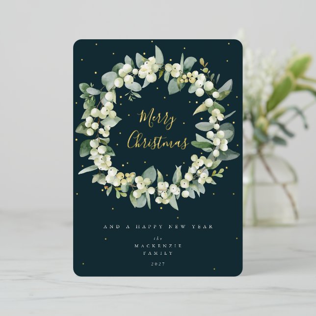 Snowberry + Eucalyptus Christmas Wreath Non-Photo Foil Holiday Card (Standing Front)