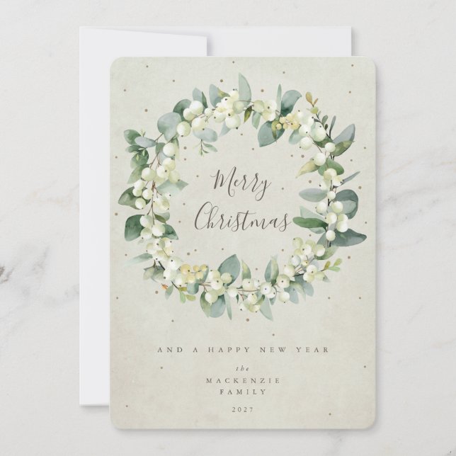 Snowberry + Eucalyptus Christmas Wreath Non-Photo Holiday Card (Front)