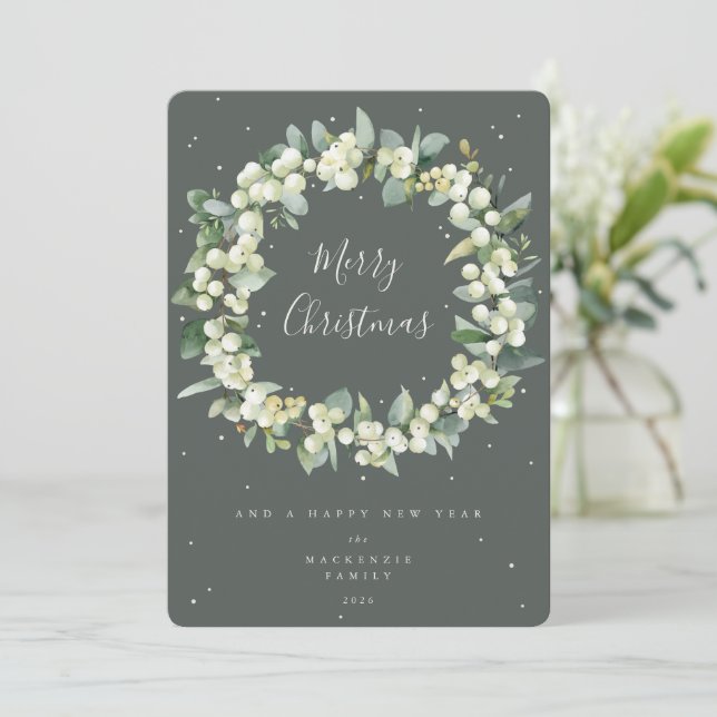 Snowberry + Eucalyptus Christmas Wreath Non-Photo Holiday Card (Standing Front)