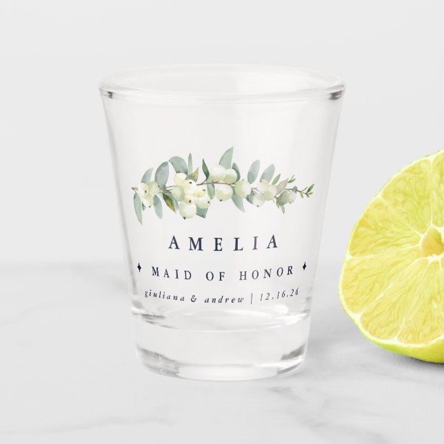 Snowberry & Eucalyptus Personalised Wedding Party Shot Glass (Front)