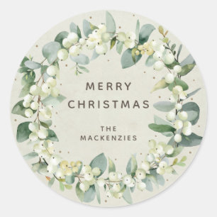 Snowberry+Eucalyptus Wreath Custom Holiday Message Classic Round Sticker