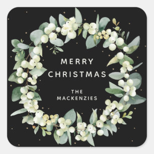 Snowberry+Eucalyptus Wreath Custom Holiday Message Square Sticker
