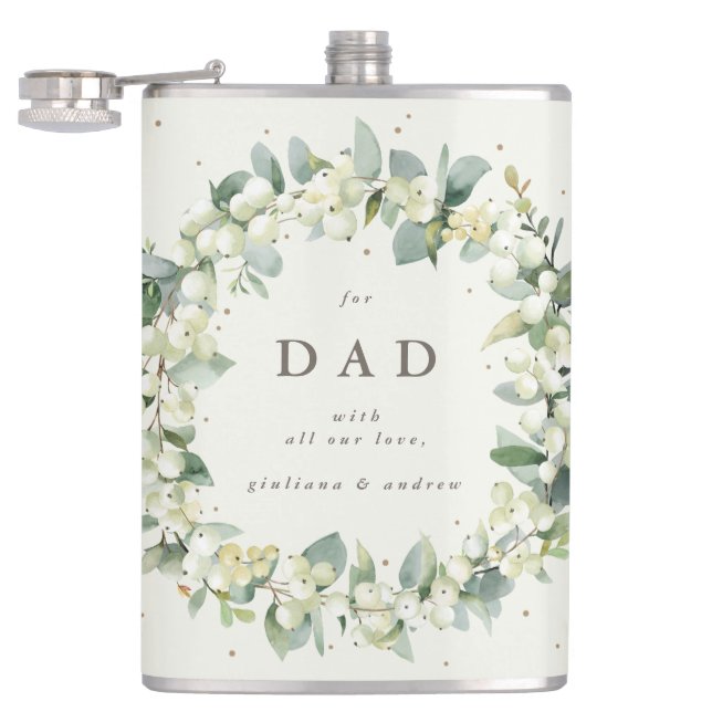 Snowberry & Eucalyptus Wreath Personalised Wedding Hip Flask (Opened)