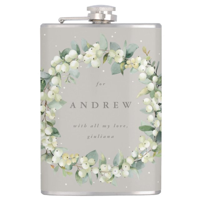 Snowberry & Eucalyptus Wreath Personalised Wedding Hip Flask (Front)