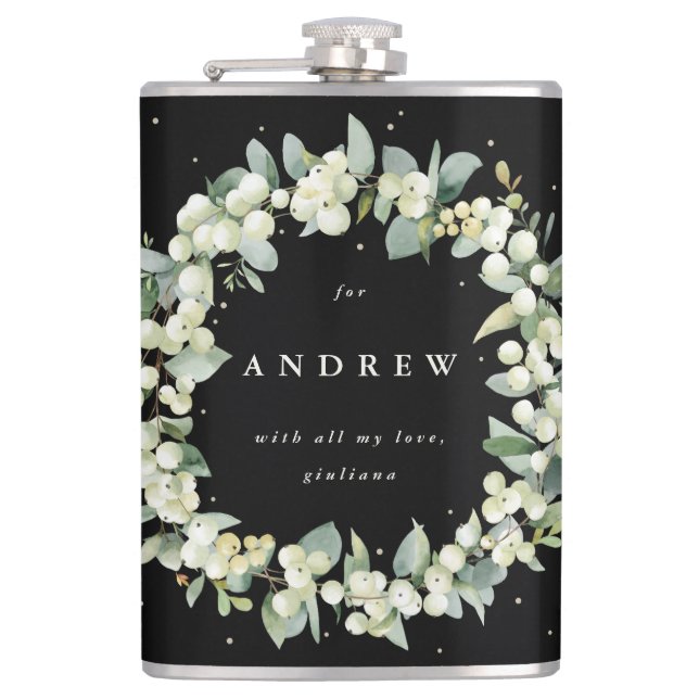 Snowberry & Eucalyptus Wreath Personalised Wedding Hip Flask (Front)