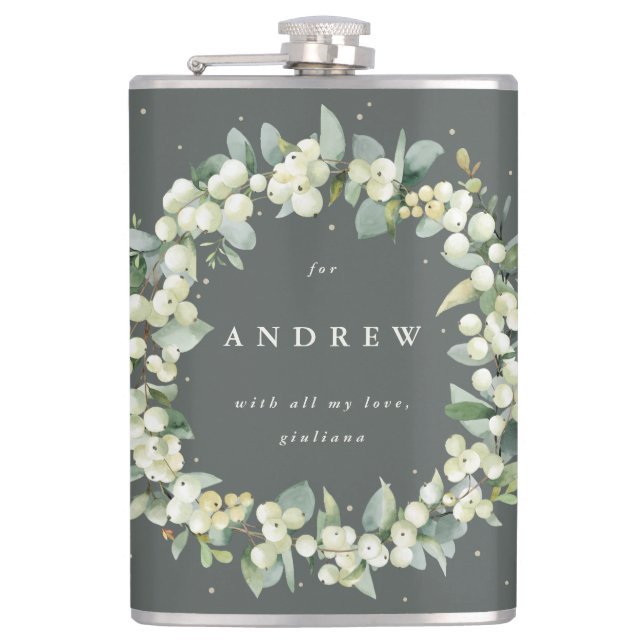 Snowberry & Eucalyptus Wreath Personalised Wedding Hip Flask (Front)
