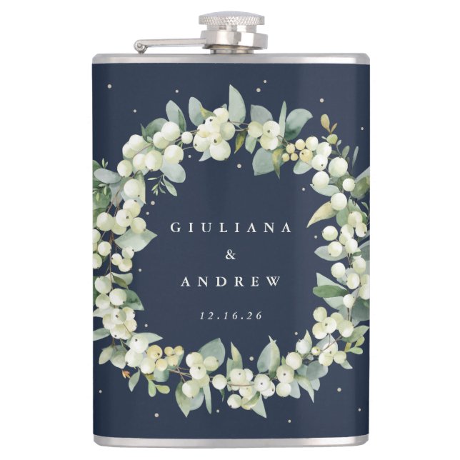 Snowberry & Eucalyptus Wreath Personalised Wedding Hip Flask (Front)