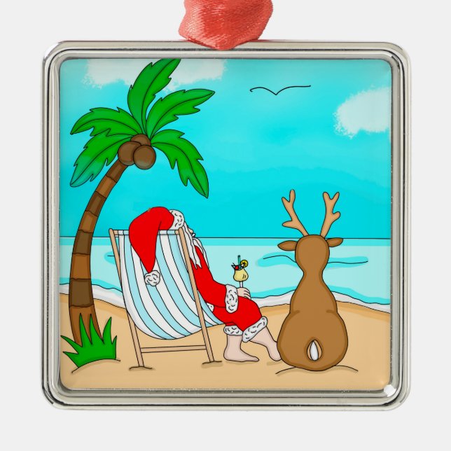 Snowbird Christmas, Santa and Reindeer on Beach   Metal Ornament (Front)