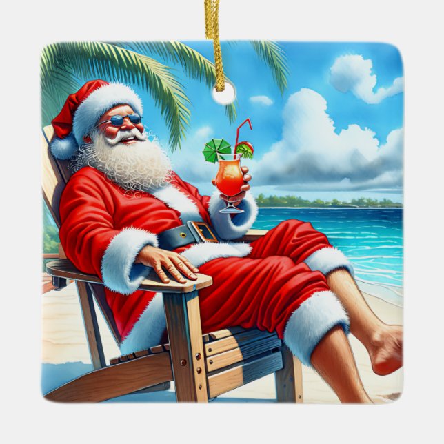 Snowbird Santa Enjoying a Cocktail on the Beach  Ceramic Ornament (Front)