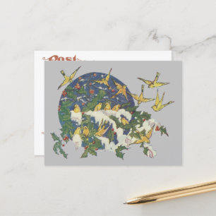 Snowbirds, Holly, and Snow - Christmas Postcard
