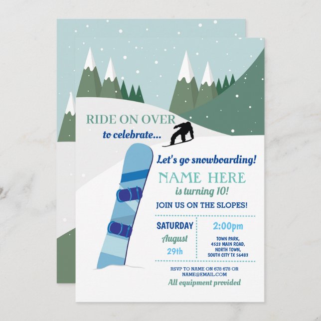 Snowboard Birthday Party Slopes Ski Snow Invitation (Front/Back)