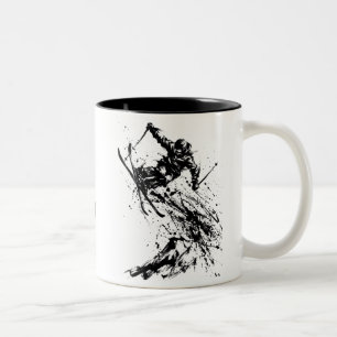 Snowboard Brush Art - Skier Jump Two-Tone Coffee Mug